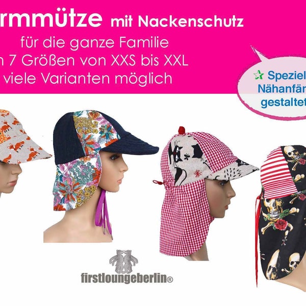Schirmmütze mit Nackenschutz *** Sommerhut Sonnenhut für die FAMILIE Gr. XXS-XXL pdf Nähanleitung mit  Schnittmuster von firstloungeberlin