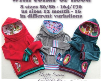 US-Jil *** sweater with hood or collar eBook PDF-file sewing instruction with pattern in 8 sizes 12month -16 Teenager Toddler Unisex