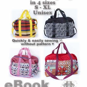 Könnte beinhalten: Ein E-Book-Muster zum Nähen einer Jamie Drag Bag in vier Größen, S-XL. Das E-Book enthält Anleitungen zum Nähen der Tasche ohne Schnittmuster. Das Bild zeigt vier verschiedene Taschen in verschiedenen Farben und Mustern, darunter Schwarzweiß, Gelb und Rot, Pink und Grau sowie Rot und Grün.