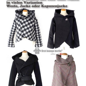 Könnte beinhalten: Vier verschiedene Stile von Kapuzenjacken in schwarzem, weißem und grauem Stoff. Der Text "Martha Jacke" befindet sich oben im Bild. Der Text "5 Doppelgrößen von 34/36 bis 50/52 einfach & schnell mit oder ohne Nähen in vielen Varianten Weste, Jacke oder Kapuzenjacke" befindet sich unter dem Titel. Der Text "first lounge berlin® nähen mit eBook" befindet sich unten im Bild.