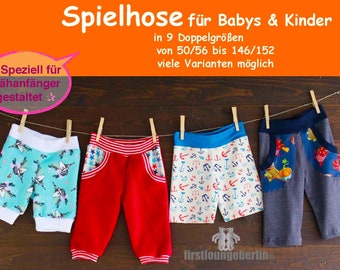 Pantalones de juego para bebés y niños Pantalones de punto Pantalones unisex para niños en 9 tallas 50/56 a 146/152 Instrucciones de costura con patrón de firstloungeberlin