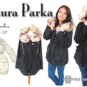 Puede incluir: Parka negra con capucha de piel sintética y cintura con cordón. La parka tiene dos bolsillos grandes en la parte delantera y una cremallera. El texto "Miura Parka" y "in 5 Größen von 34-52" es visible en la imagen.