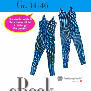 May include: A digital download for a sewing pattern for a blue and black catsuit. The pattern is called "Katy Catsuit 2.0" and is available in sizes 34-46. The text "Nur ein Schnittteil! Sehr ausführliche Anleitung! Fix genäht!" is also included in the image. The image also includes the text "eBook" and "first lounge berlin® nähen mit".