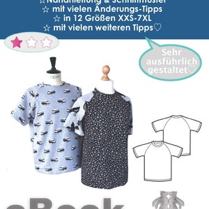 Könnte beinhalten: Ein digitales Schnittmuster für ein Raglan-Shirt in 12 Größen, von XXS bis 7XL. Das Schnittmuster beinhaltet Anleitungen und Tipps zum Nähen des Shirts. Das Bild zeigt zwei Shirts, eines mit einem Bus-Muster und eines mit einem Blumenmuster. Das Schnittmuster ist als E-Book erhältlich.