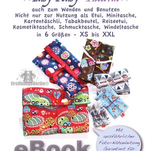 Könnte beinhalten: Ein Ebook zum Nähen einer Wendetasche in sechs Größen, von XS bis XXL. Das Ebook beinhaltet eine Foto-Anleitung und ist garantiert für Anfänger. Das Bild zeigt mehrere Taschen in verschiedenen Stoffen und Farben.