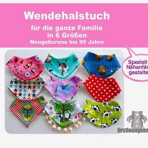 Puede incluir: Un conjunto de 9 baberos reversibles para bebés en varios colores y patrones, incluyendo estrellas, lunares, unicornios y animales. Los baberos están diseñados para bebés y niños pequeños y son fáciles de coser. El texto en la imagen dice "Wendehalstuch für die ganze Familie in 6 Größen Neugeborene bis 99 Jahre Speziell für Nähanfänger gestaltet!! firstloungeberlinⓇ".