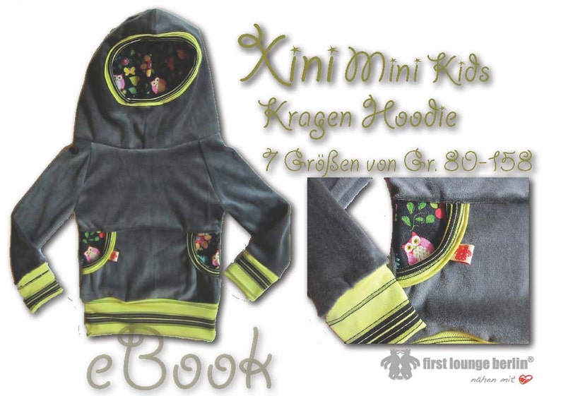 Xini Mini eBook PDF file children's hoodie with collar hood sewing instructions with pattern 8 double sizes 68/74 to 152/158 many variants image 3