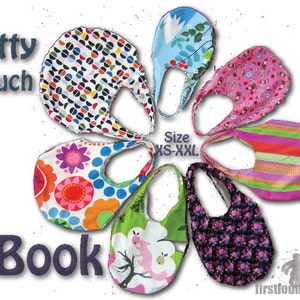 Könnte beinhalten: Ein farbenfrohes eBook-Cover mit verschiedenen gemusterten Stofftaschen in Blütenform. Der Text "Kitty Pouch" und "eBook" ist sichtbar. Der Text "Size XS-XXL" ist ebenfalls sichtbar.