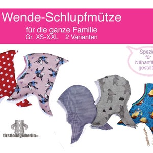 Könnte beinhalten: Fünf reversible Fleece-Mützen in verschiedenen Mustern, darunter Punkte, Einhörner, Streifen, Bären und ein blaues und gelbes Muster. Die Mützen sind für die ganze Familie konzipiert und in den Größen XS-XXL erhältlich. Der Text auf dem Bild lautet "Wende-Schlupfmütze für die ganze Familie Gr. XS-XXL 2 Varianten" und "Speziell für Nähanfänger gestaltet!"