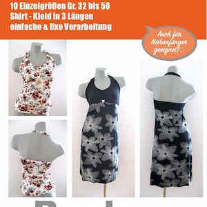 May include: A digital ebook pattern for a halter top and dress called "Amy Neckholder Shirt & Kleid 2.0". The pattern includes 10 sizes from 32 to 50 and offers three lengths. The ebook is suitable for beginners. The image shows three mannequins wearing the halter top and dress in different floral prints.
