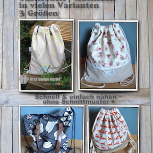 Könnte beinhalten: Ein digitaler Download für ein Nähmuster für einen Turnbeutel oder Rucksack namens "Wanda". Das Muster ist in drei Größen erhältlich und in verschiedenen Stoffen verfügbar. Das Bild zeigt vier verschiedene Taschen, die mit dem Muster genäht wurden: eine mit geometrischem Muster, eine mit Blumenmuster, eine mit Fuchs-Druck und eine mit Blumenmuster. Der Text "Schnell & einfach nähen ohne Schnittmuster" ist im Bild sichtbar, was mit "Schnell und einfach nähen ohne Schnittmuster" übersetzt wird.
