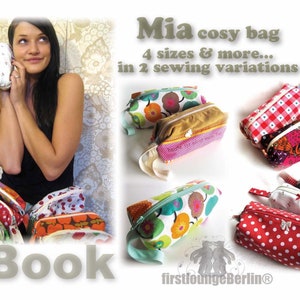 Könnte beinhalten: Ein E-Book-Muster zum Nähen einer Mia-Kuscheltasche in vier Größen. Das Bild zeigt eine Vielzahl von bunten Taschen mit verschiedenen Mustern, darunter Blumen-, Punkte- und geometrische Designs. Der Text "Mia cosy bag" und "eBook" ist im Bild sichtbar.