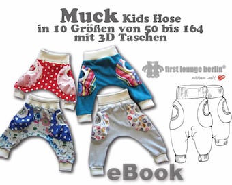 Puede incluir: Un patrón de costura para pantalones de niños con bolsillos 3D. El patrón incluye 10 tallas, que van desde los 50 hasta los 164 cm. La imagen muestra cuatro pares de pantalones diferentes en varios colores y patrones, junto con un dibujo de línea de los pantalones.