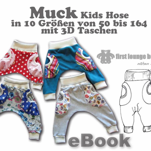 Muck *** eBook jersey pants bloomers for kids with 3D pockets in 10 sizes 50/56-158/164 sewing instructions & pattern unisex boys girls child