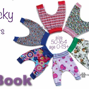 Könnte beinhalten: Eine Sammlung von bunten, gemusterten Hosen für Babys und Kinder. Die Hosen sind in einem Kreis angeordnet, mit dem Text "Wicky pants" und "eBook" sichtbar. Der Text "size 50-164 age 0-13+ " ist ebenfalls sichtbar.