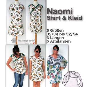 May include: A sewing pattern for a shirt and dress called "Naomi" with 6 sizes, 3 lengths, and 5 sleeve lengths. The pattern includes a white dress with a floral print and a green trim, a white shirt with a floral print and a green trim, a white dress with a floral print and a blue and white striped trim, and a white dress with a floral print and a green trim.