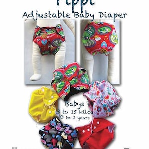 Puede incluir: Una portada de ebook colorida para un patrón de pañal de bebé ajustable Pippi. La portada presenta una variedad de pañales de bebé coloridos con diferentes patrones, incluyendo un pañal rojo con búhos verdes y blancos, un pañal amarillo con puntos blancos y un pañal azul con setas rojas y blancas. El texto "Babys 3 a 15 kilos 0 a 3 años" está impreso en la portada.