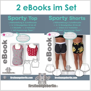 Pode incluir: Dois e-books para costurar um top e shorts esportivos. Os e-books incluem instruções e padrões para 15 tamanhos, de 32 a 60 polegadas. Os e-books são descritos como "muito detalhados".