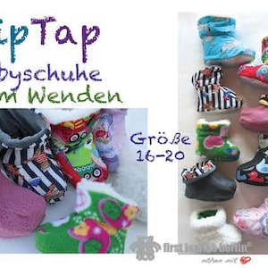 May include: A collection of colorful baby booties with different patterns, including stripes, polka dots, and animal prints. The booties are reversible and come in size 16-20. The text "Tip Tap Babyschuhe zum Wenden" is written in purple and blue lettering.