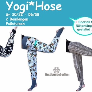 Puede incluir: Tres pares de pantalones de yoga con diferentes patrones, incluyendo blanco y negro, floral y gris. Los pantalones tienen una pierna ancha y un puño en el pie. El texto en la imagen dice "Yogi* Hose Gr. 30/32 - 56/58 2 Beinlängen Fußstulpen Speziell für Nähanfänger gestaltet firstloungeberlin".