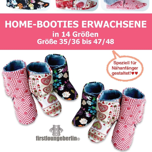 Hausschuhe TEENAGER und ERWACHSENE Home-Booties in 14 Größen 35/36 bis 47/48 E-Book PDF Nähanleitung & Schnittmuster