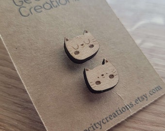 Cute Cat Faces - Sleepy Cat and Smiley Cat - Laser Cut Wooden Pin Brooch Set - Tie Pins