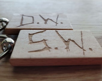 Supernatural Initials DW and SW Carving - Laser Engraved Wooden Keychain Set