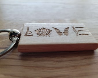 LOVE - Laser Engraved Wooden Keychain - Mark of Cain - Anti-possession Symbol - Castiel Wings - Weapons