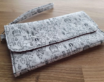 Handmade Forest Creatures Cotton Simple Clutch with Zippered Pouch - Wristlet Wallet with Card Slots - READY TO SHIP - Upside Down!