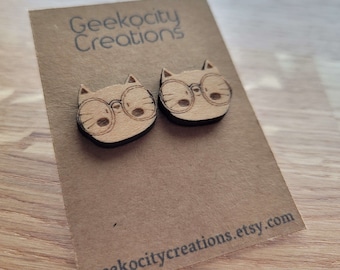 Glasses Cat - Kitten Nerd - Laser Cut Wooden Stud Earrings