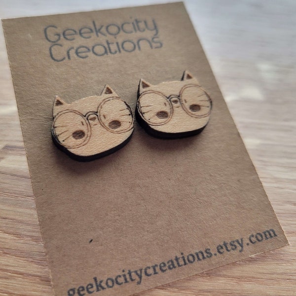 Glasses Cat - Kitten Nerd - Laser Cut Wooden Stud Earrings