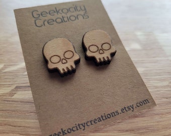 Skull - Laser Cut Wooden Stud Earrings - Skeleton Jewelry