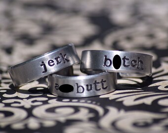 B*tch, Jerk, A**butt - Hand Stamped Aluminum Adjustable Ring Set of 3