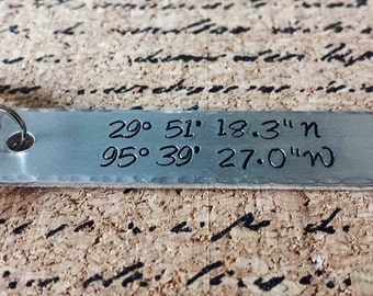 Latitude Longitude Hand Stamped Aluminum Keychain - Coordinates Long Distance Relationship Birthday Anniversary