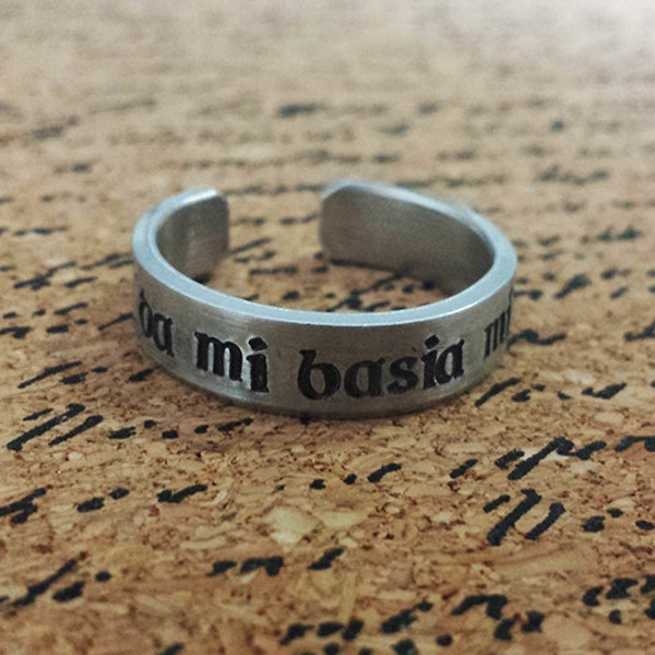 Da Mi Basia Mille - Give Me a Thousand Kisses - Hand Stamped Aluminum Adjustable Ring
