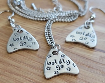 Boldly Go - Handstamped Pewter Pendant Necklace and Earrings Set