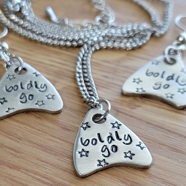 Boldly Go - Handstamped Pewter Pendant Necklace and Earrings Set
