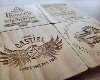 Supernatural - Family Business - Church of Castiel - 67' Impala - Laser Engraved Wooden Coasters - Set of 4