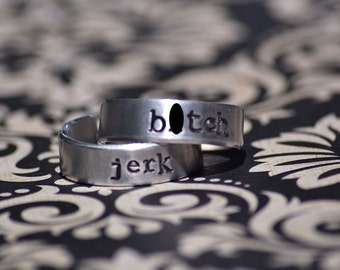 B*tch, Jerk - Hand Stamped Aluminum Adjustable Ring Set of 2