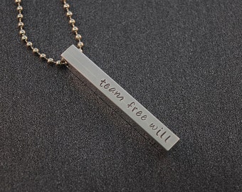 Team Free Will - Dean, Sam, Castiel - Hand Stamped Aluminum Bar Pendant Necklace