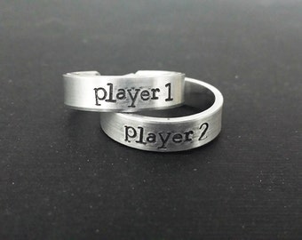 Player 1 - Player 2 - Gamer Geek Hand Stamped Aluminum Adjustable Ring Set of 2 - Romance - Couple