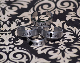 B*tch, Jerk, A**butt, Idjit - Hand Stamped Aluminum Adjustable Ring Set of 4