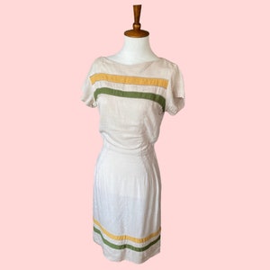 1950s 60s Linen with Lime and Yellow Stripes Wiggle Dress image 1