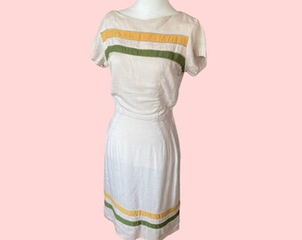 1950s 60s Linen with Lime and Yellow Stripes Wiggle Dress