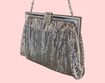 1950s Whiting & Davis Silver Mesh Evening Bag with Rhinestone Kisslock Made in USA