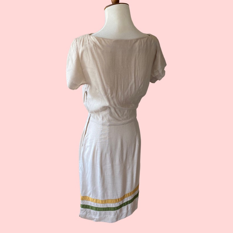 1950s 60s Linen with Lime and Yellow Stripes Wiggle Dress image 2