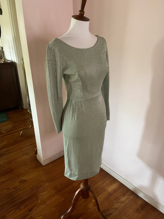 1950s 60s Lurex Mint Green Bodycon Shimmer Dress - image 4