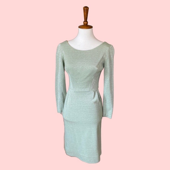 1950s 60s Lurex Mint Green Bodycon Shimmer Dress - image 1