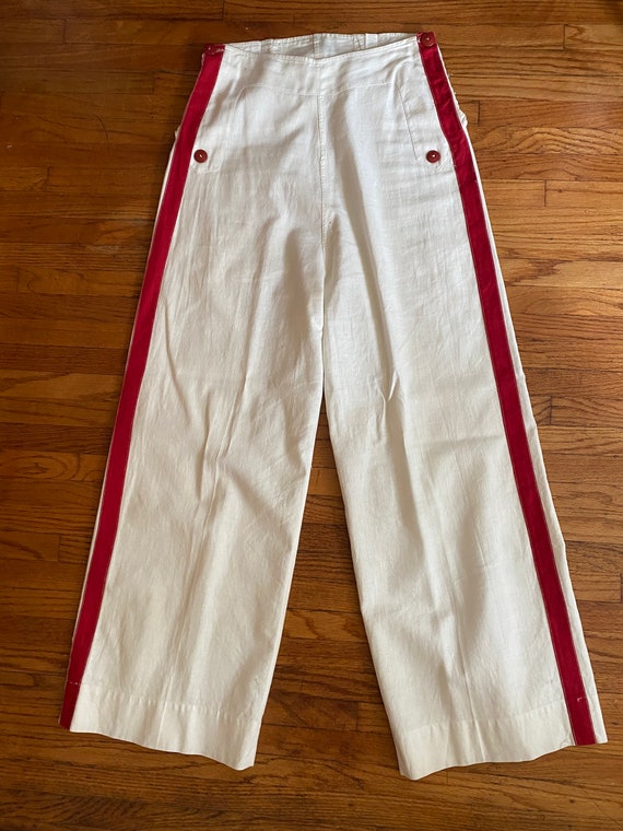 1930s White Cotton Sailor Pants Red Stripe