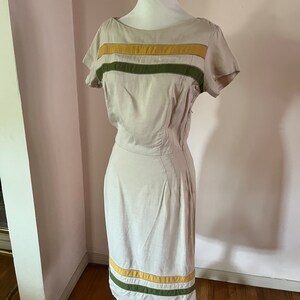 1950s 60s Linen with Lime and Yellow Stripes Wiggle Dress image 3